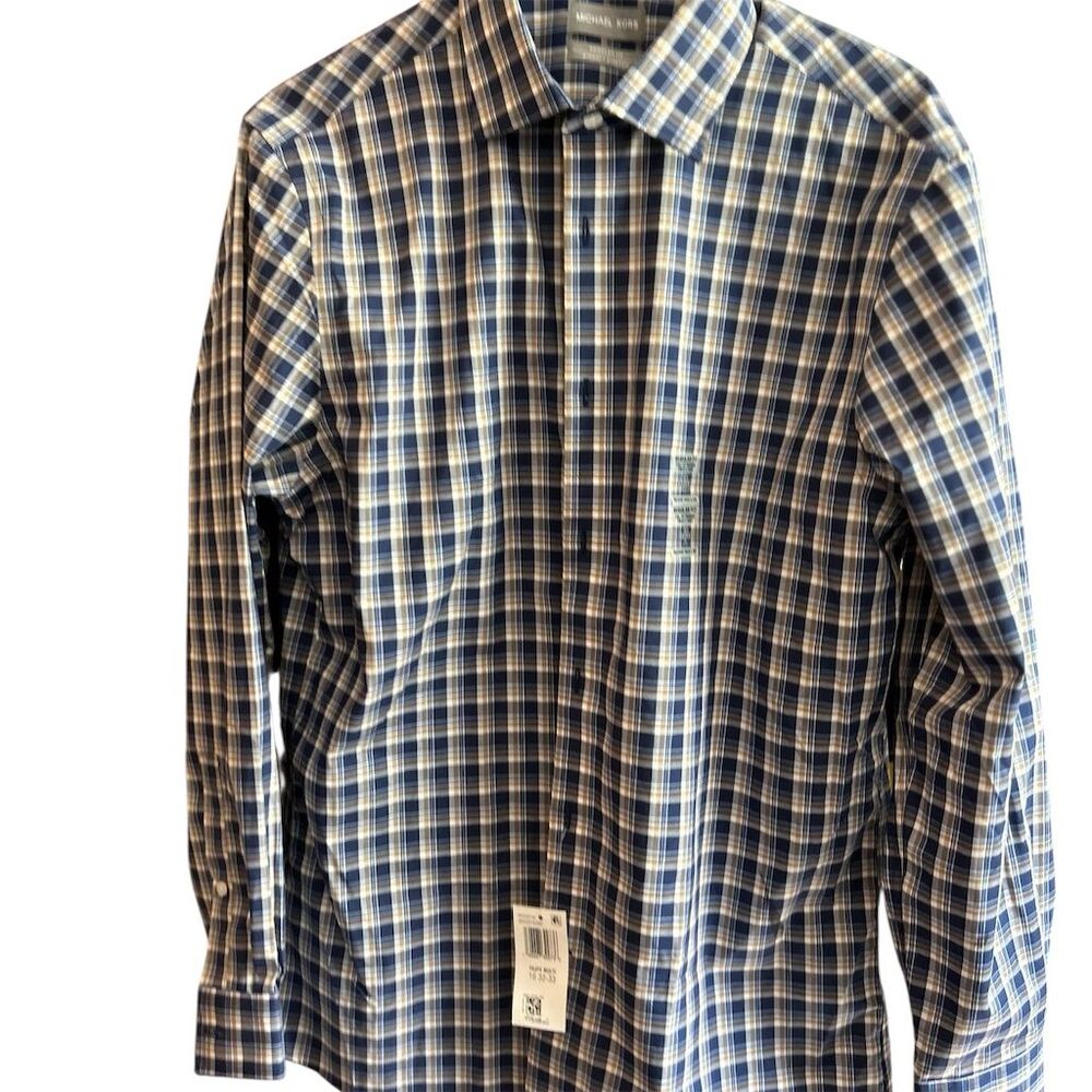 Michael Kors Men's Blue Plaid Long Sleeve Button-Up Shirt Size L